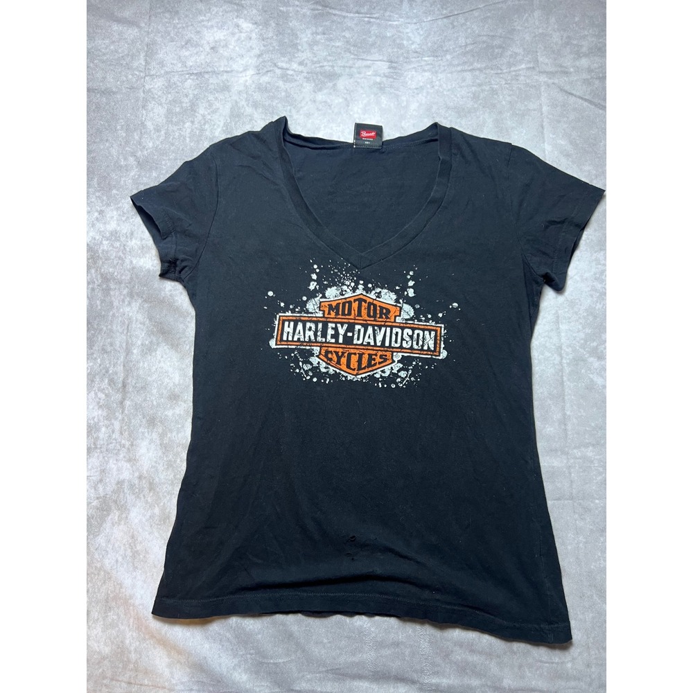 Harley-Davidson T-Shirt Womens Medium Black V-Neck Distressed Denver Graphic